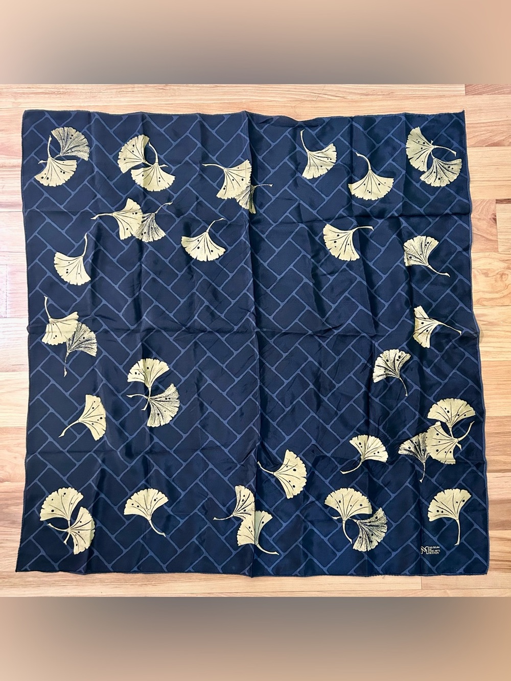 100% Silk Scarf with Gold Hand stamped Ginkgo Motif